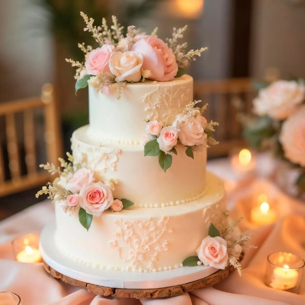 Elegant 2-tier floral engagement cake with gold accents, designed by a premium bakery in Lucknow